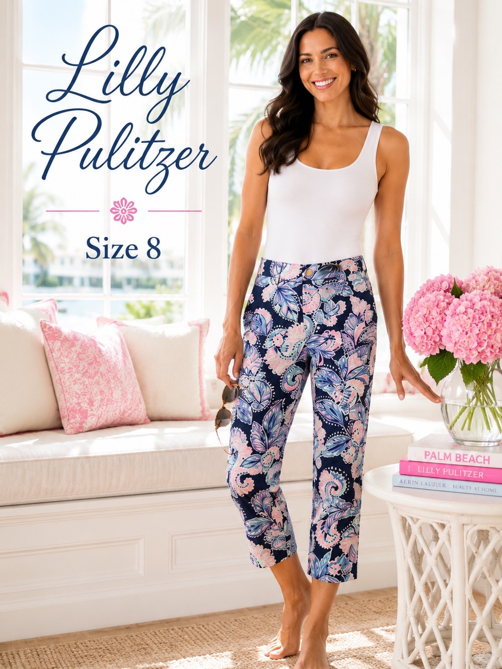 Lilly Pulitzer Floral Capri Pants Size 8 Navy Pink Blue Resort Coastal Preppy
